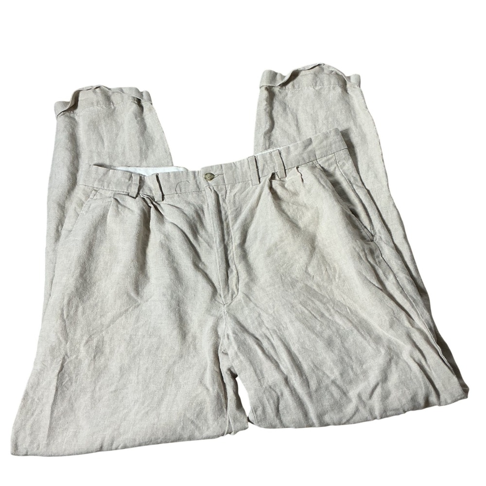 Turnbury Pleated Linen Trousers Mens 38x32 Beige Old Money Beach Pants S55PT700